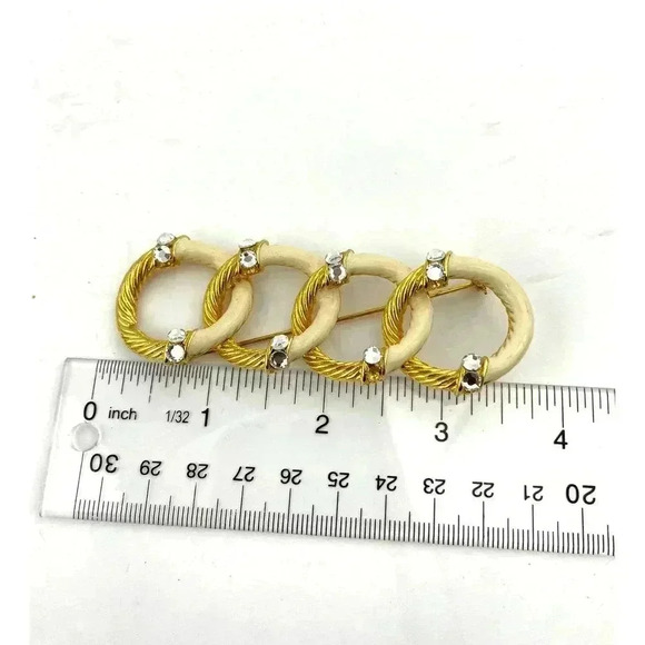 VTG Gold Tone Enamel Brooch Pin Clear Rhinestone Circle Loop Retro - Picture 4 of 8
